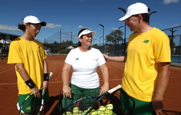 Alison Scott with Australian PWII players Simon Ma and Archie Graham. Picture: Tennis Australia