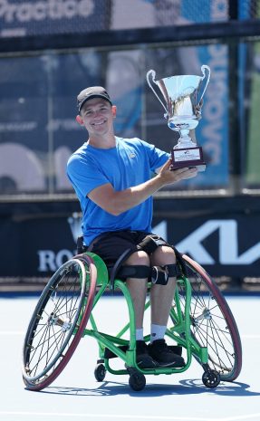 Anderson Parker celebrates his victory at the 2023 Australian Wheelchair Tennis National Championships. Picture: Tennis Australia