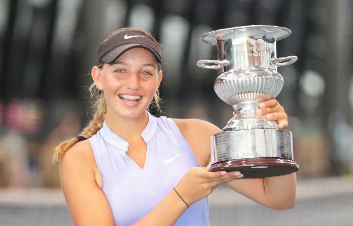 Jizelle Sibai celebrates winning the 14/u girls' singles title at the 2023 December Showdown. Picture: Tennis Australia Jizelle Sibai celebrates winning the 14/u girls' singles title at the 2023 December Showdown. Picture: Tennis Australia