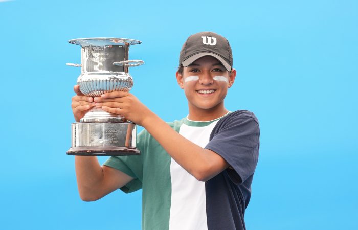 Connor McEvoy celebrates winning the 14/u Australian Junior Tour Masters at the 2023 December Showdown. Picture: Tennis Australia Connor McEvoy celebrates winning the 14/u Australian Junior Tour Masters at the 2023 December Showdown. Picture: Tennis Australia