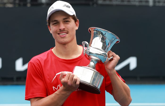 Daniel Jovanovski celebrates his singles victory at the 2023 December Showdown. Picture: Tennis Australia Daniel Jovanovski celebrates his singles victory at the 2023 December Showdown. Picture: Tennis Australia