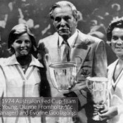 1974 Australian Fed Cup team (l to r): Janet Young, Dianne Fromholtz, Vic Edwards (Manager) and Evonne Goolagong. AP