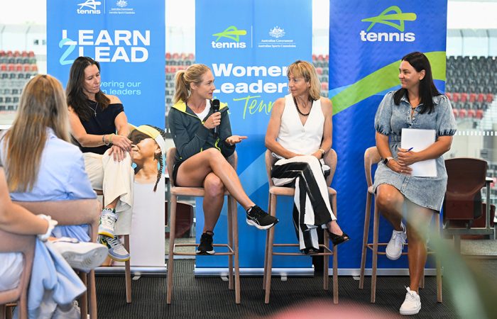 Lisa Ayres, Jessica Moore, Annabel Taylor and Casey Dellacqua during a women and girls panel discussion in Brisbane. Picture: Tennis Australia Lisa Ayres, Jessica Moore, Annabel Taylor and Casey Dellacqua during a women and girls panel discussion in Brisbane. Picture: Tennis Australia