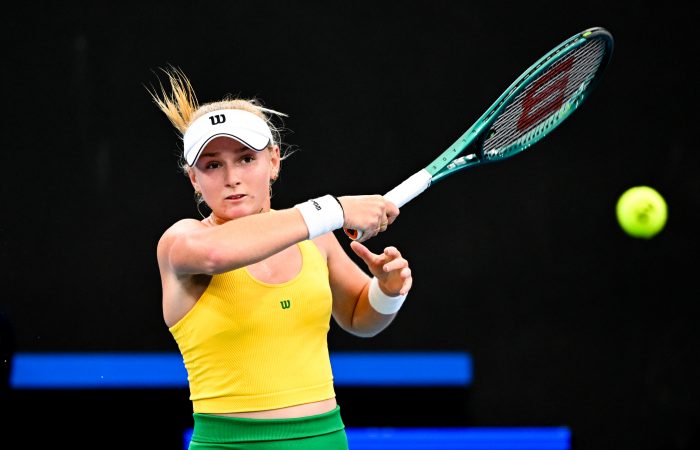 Taylah Preston during her Billie Jean King Cup debut in Brisbane. Picture: Tennis Australia