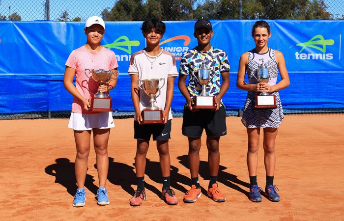 Emilie Chen, Ethan Domingo, Christian Joseph and Ana Maric won the singles titles at the 2024 Australian Claycourt Championships. Pictures: Tennis Australia Emilie Chen, Ethan Domingo, Christian Joseph and Ana Maric won the singles titles at the 2024 Australian Claycourt Championships. Pictures: Tennis Australia
