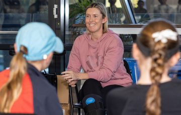 Storm Hunter talks to participants at a Tennis Australia 11s National Camp in Melbourne this week. Picture: Tennis Australia