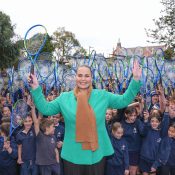 June 25: Jelena Dokic poses with school children during the Wimbledon Preview and Racquet Roadshow Launch at Middle Park Primary School in Melbourne, Australia on Tuesday, June 25, 2024. Photo by TENNIS AUSTRALIA/ SCOTT BARBOUR