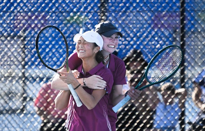 AUSTRALIAN TEAMS CHAMPIONSHIPS 2024 June 30: Doubles decider U15 Girls - Georgia Campbell (QLD, right) and Gina Cha (QLD) celebrating their win during the Australian Teams Championships at KDV Tennis Centre, Gold Coast. Photo by TENNIS AUSTRALIA / DAN PELED