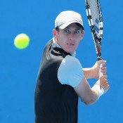 MELBOURNE, AUSTRALIA - DECEMBER 15:  Gavin Van Peperzeel plays a backhand in his first round match against Mitchell Robins of Australia during the 2015 Australian Open play off at Melbourne Park on December 15, 2014 in Melbourne, Australia.  (Photo by Robert Prezioso/Getty Images)