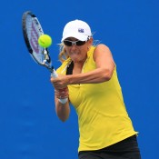 Anastasia Rodionova of Australia plays a backhand in her qualifying match against Marina Melnikova of Russia for the 2015 Australian Open at Melbourne Park on January 15, 2015 in Melbourne, Australia.  (Photo by Graham Denholm/Getty Images)
