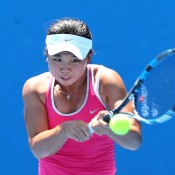 Olivia Tjandramulia plays a backhand during the Australian Open 2015 Junior Championships at Melbourne Park on January 24, 2015 in Melbourne, Australia.