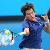 MELBOURNE, AUSTRALIA - JANUARY 30:  Akira Santillan of Australia in action in his semifinal match against Seong-chan Hong of Korea during the Australian Open 2015 Junior Championships at Melbourne Park on January 30, 2015 in Melbourne, Australia.  (Photo by Wayne Taylor/Getty Images)