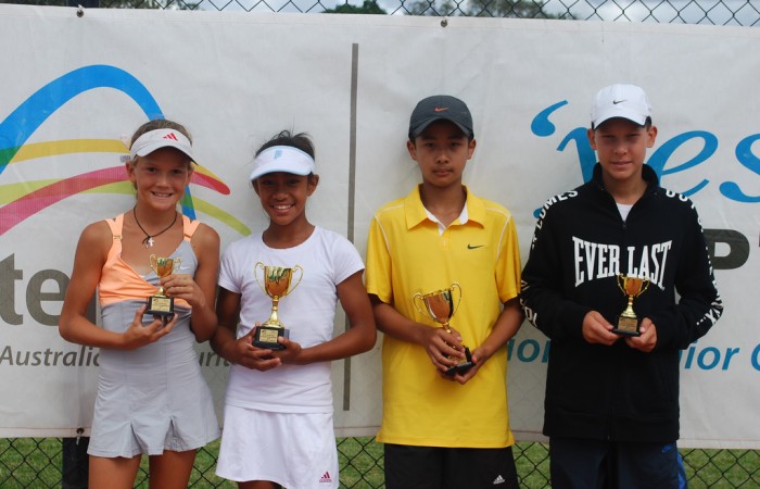 Boys and Girls Singles Finalists 2011 Optus 12s National Championships - Boys and Girls Singles Finalists - From left - Sasha Bollweg (WA), Destanee Aiava (VIC), Richard Yang (VIC) and Mislav Bosnjak (SA). Francis Soyer.