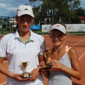 2011 Optus 12s National Championships - Girls Doubles Champions - Michelle Pits from Victoria (left) and Sasha Bollweg (right). Francis Soyer.
