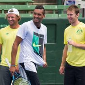 Matt Reid, Nick Kyrgios and John Peers during Wednesday practice. Photo: Elizabeth Xue Bai