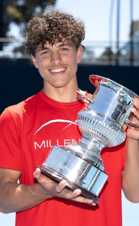 Daniel Jovanovski with his trophies for winning the boys 14/u Singles Final during the 14/u December Showdown Finals at Melbourne Park on Saturday, December 10, 2022. MANDATORY PHOTO CREDIT Tennis Australia/ FIONA HAMILTON
