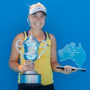 Abbie Myers poses with the winner's trophy after claiming the Optus 18s Australian Championships girls' title; Matthew Johnson