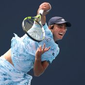 Adam Walton of Australia serves against Coleman Wong of Hong Kong during Day 7 of the Miami Open at Hard Rock Stadium on March 24, 2025 in Miami Gardens, Florida. (Photo by Al Bello/Getty Images)