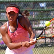 Destanee Aiava in action at the Canberra Claycourt International #1; Tennis Australia