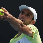 Aleksandar Vukic in action during his first-round victory at Australian Open 2025. [Hamish Blair/Tennis Australia]