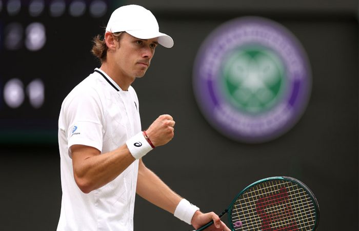 Alex de Minaur in action en route to the 2024 Wimbledon quarterfinals. [Getty Images]