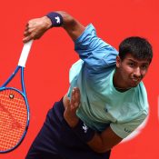 LONDON, ENGLAND - JUNE 17: Alexei Popyrin of Australia serves against Aleksandar Vukic of Australia during the Men's Singles First Round match on Day Nine of the 2025 HSBC Championships at The Queen's Club on June 17, 2025 in London, England.  (Photo by Dan Istitene/Getty Images)