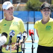 Alicia Molik (L) and Ajla Tomljanovic chat to the press ahead of Australia's Fed Cup final against France in Perth. (Getty Images)