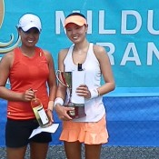 Mildura Grand Tennis International finalist Alison Bai (L) of Australia poses alongside champion Su Jeong Jang of Korea; Tennis Australia