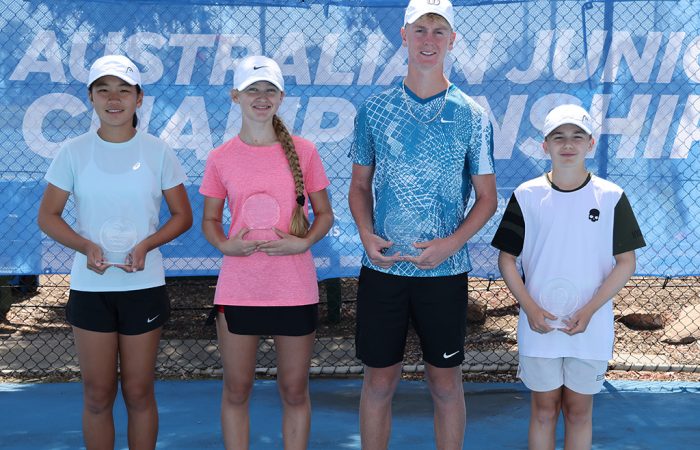 Singles champions Pauline Ma, Jennifer Ott, Jeffrey Strydom and Raphael Savelli at the 2023 Australian Junior Hardcourt Championships. Picture: Tennis SA Singles champions Pauline Ma, Jennifer Ott, Jeffrey Strydom and Raphael Savelli at the 2023 Australian Junior Hardcourt Championships. Picture: Tennis SA