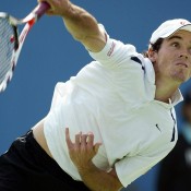 Australia's Alun Jones serves against Yang Tsung-Hua of Taiwan in their Davis Cup Asia/Oceania Zone Group I first round match in  Kaohsiung. AFP PHOTO/ALEX LEE 