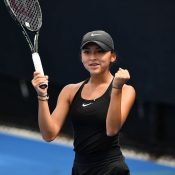 Anastasia Berezov celebrates her victory in the 16/u Australian Championships semifinals (photo: Elizabeth Xue Bai)