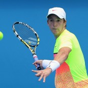 Andrew Harris of Australia plays a forehand in his qualifying match against Andreas Beck of Germany for 2015 Australian Open at Melbourne Park on January 16, 2015 in Melbourne, Australia.  (Photo by Robert Prezioso/Getty Images)