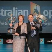 Former tennis players Margaret Court and Ashley Cooper pose with the Norman Brookes Challenge Cup and the Daphne Akhurst Trophy during the 2013 Australian Open launch at Melbourne Park on October 2, 2012 in Melbourne, Australia; Getty Images