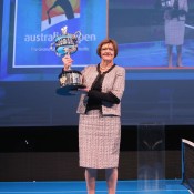 Former tennis player Margaret Court carries the Daphne Akhurst Trophy during the 2013 Australian Open launch at Melbourne Park on October 2, 2012 in Melbourne, Australia; Getty Images