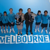 Margaret Court and Ashley Cooper pose with the Australian Open trophies as part of the Australian Open 2013 Launch at Melbourne Park; Tennis Australia