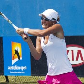 Arina Rodionova in action against Jess Moore in the quarterfinals of the Australian Open 2013 Play-off; Georgina Leeder