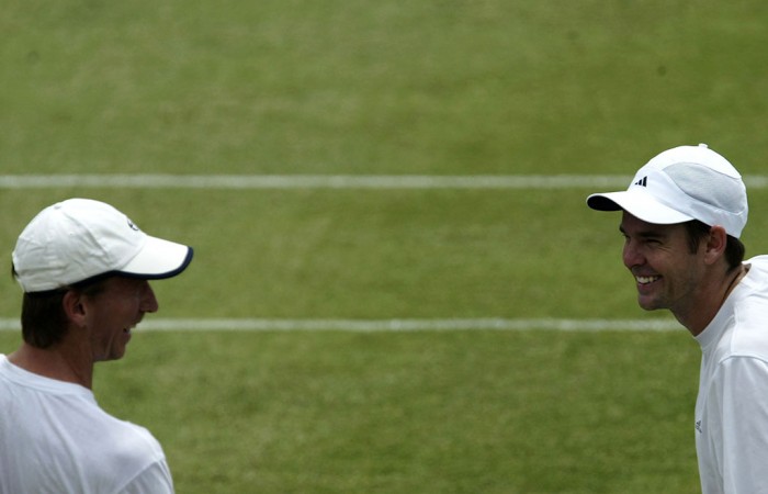 Wayne Arthurs (left) and Todd Woodbridge, Kooyong, 2003. GETTY IMAGES