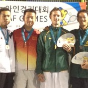 Aussies Glen Flindell and John Lui (second from right and far right) on the podium with Japanese pair, Ashino and Kajino, who they defeated 6-2 6-1 in the men’s doubles final at the Asia Pacific Deaf Games; Tennis Australia