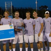 ATP Sydney (L-R) Adam Feeney, Nick Lindahl, Matt Barton, team manager Luke Bourgeois, Ryan Henry, Alex Trillini, Tyrone Smart, Mitchell Pritchard; Tennis NSW