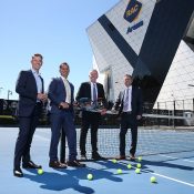 Todd Woodbridge, WA Minister for Tourism Paul Papalia, Tennis Australia CEO Craig Tiley and  Tennis West CEO Michael Roberts at Perth's RAC Arena; Getty Images 