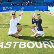Anastasia Rodionova (R) and Darija Durak claimed the doubles title at the Aegon International Eastbourne; Getty Images