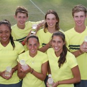 Australia's victorious Junior Davis Cup and Fed Cup teams of (back row L-R) Alex De Minaur, Matthew Romios and Blake Ellis and (front row L-R) Destanee Aiava, Seone Mendez and Jaimee Fourlis at the Shepparton Lawn Tennis Club; Trevor Phillips