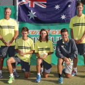 Australia's victorious Junior Davis Cup team of (L-R) captain Ben Pyne, Alex De Minaur, Matthew Romios, Lucas Vuradin and Blake Ellis at the Shepparton Lawn Tennis Club; Trevor Phillips