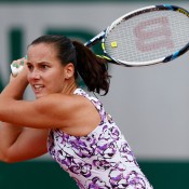 Jarmila Gajdosova in action during her first round loss to Amandine Hesse; Getty Images