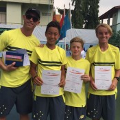 The Australian World Junior Tennis boys' team of (L-R) captain David Moore, Rinky Hijikata, Dane Sweeny and Tristan Schoolkate after winning the Asia/Oceania final qualifying event in Bangkok, Thailand; Tennis Australia