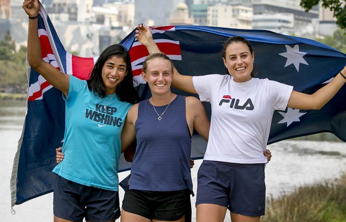 Astra Sharma, Zoe Hives and Kimberly Birrell In this handout image provided by Tennis Australia, (L-R) Australian tennis players Astra Sharma, Zoe Hives and Kimberly Birrell pose during day two of the 2019 Australian Open on January 15, 2019 in Melbourne, Australia. (Photo by Fiona Hamilton/Tennis Australia via Getty Images)