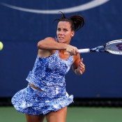 Jarmila Gajdosova battled hard before falling in three sets to No.26 Flavia Pennetta in the first round; Getty Images