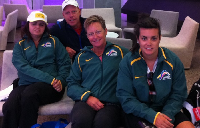 Australian Wheelchair Tennis team Australian Wheelchair Tennis team: (L-R) Luba Josevski, National Wheelchair Coach Greg Crump, Janel Manns and Sarah Calati; Tennis Australia