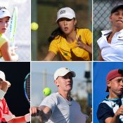 Australian Junior Billie Jean King Cup team members (L-R) Renee Alame, Koharu Nishikawa and Jizelle Sibai, and Australian Junior Davis Cup team members (L-R) Ymerali Ibraimi, Jeffrey Strydom and Nikolas Baker.