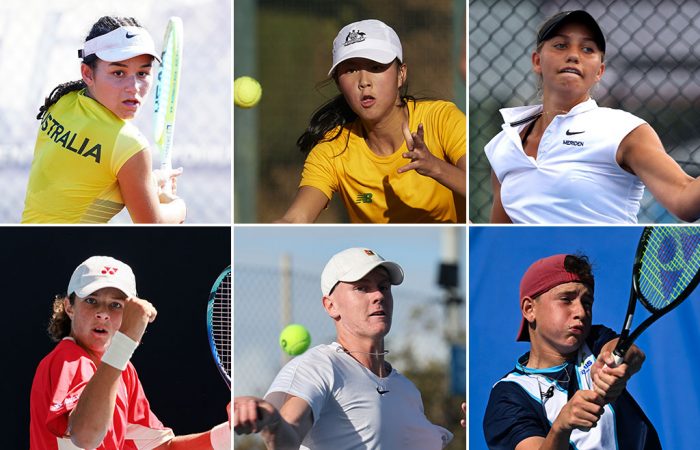 Australia_Junior-Billie-Jean-King-Cup_Junior-Davis-Cup Australian Junior Billie Jean King Cup team members (L-R) Renee Alame, Koharu Nishikawa and Jizelle Sibai, and Australian Junior Davis Cup team members (L-R) Ymerali Ibraimi, Jeffrey Strydom and Nikolas Baker.